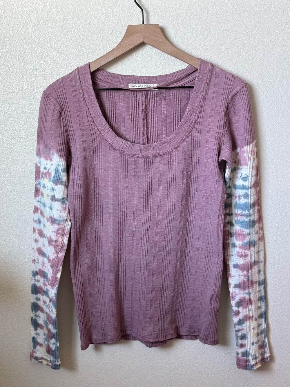 We The Free Ribbed Scoop Neck Top with Tie-Dye Sleeves
